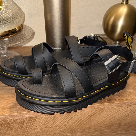 Dr martens Black Strappy Sandals with Yellow Stitching - Picture 3 of 8